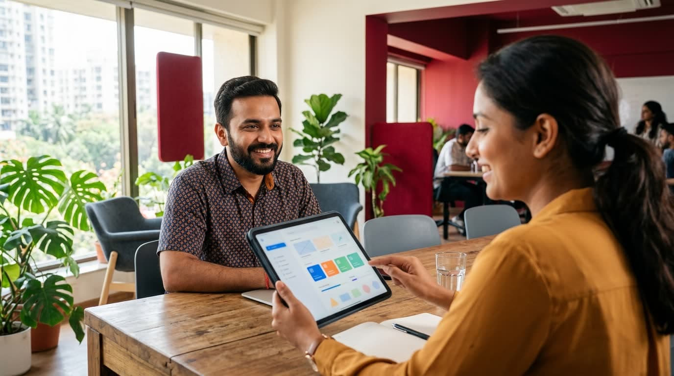 An agency account manager showing a smiling client a neat plan on a tablet