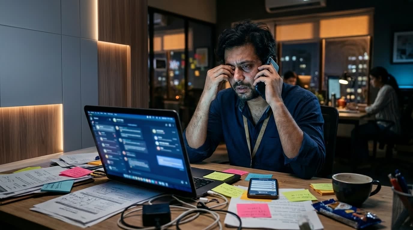 An agency account manager late at night juggling phones and chat threads