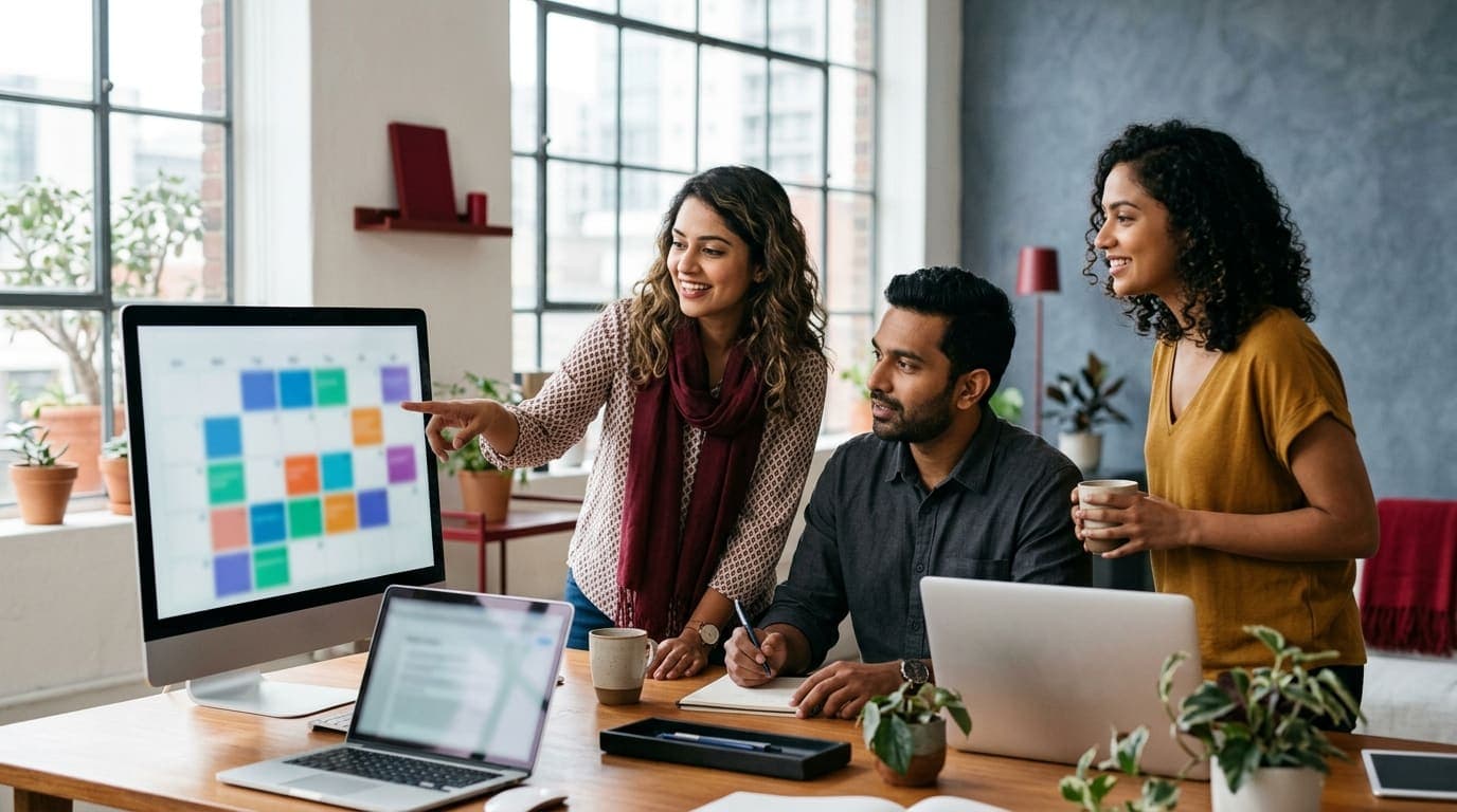 An agency team planning a month of content together at a large screen