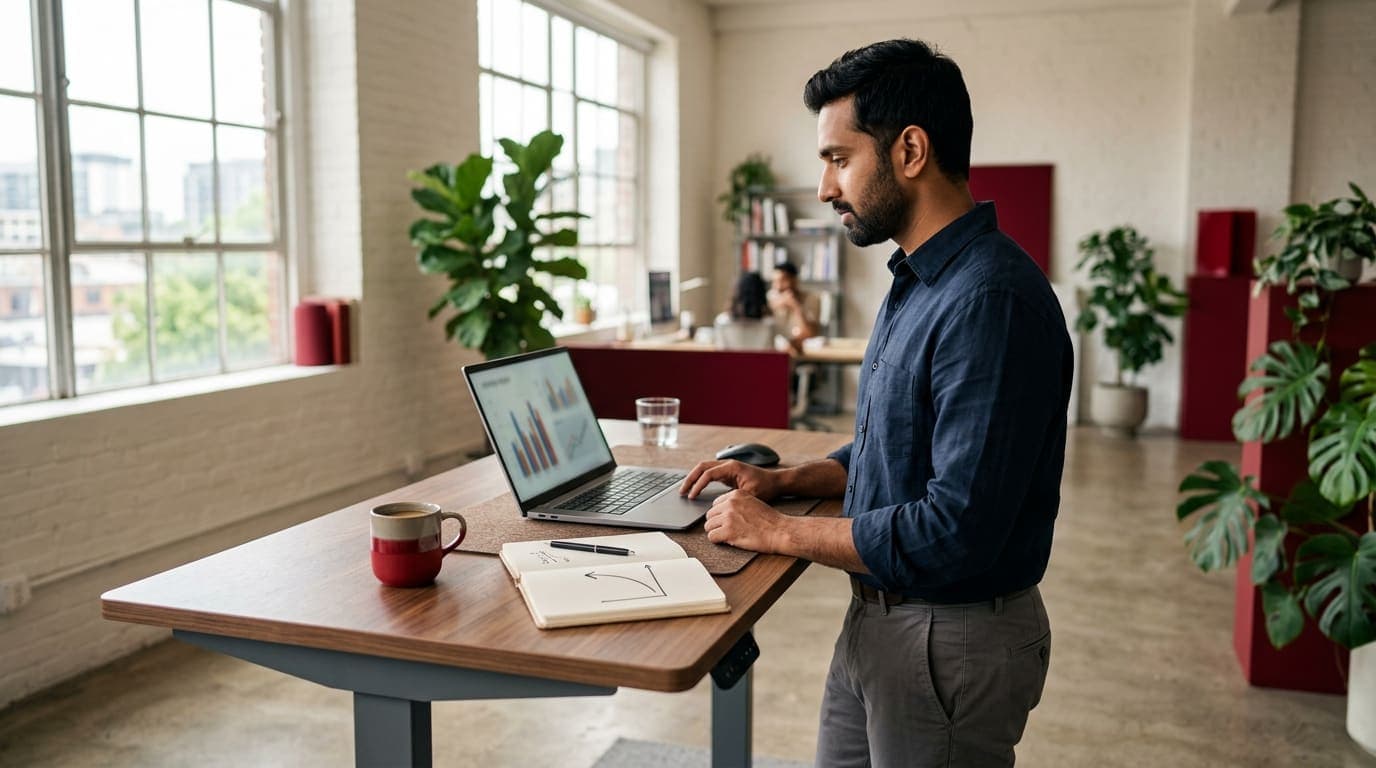 A marketing manager reviewing performance on a laptop at a standing desk