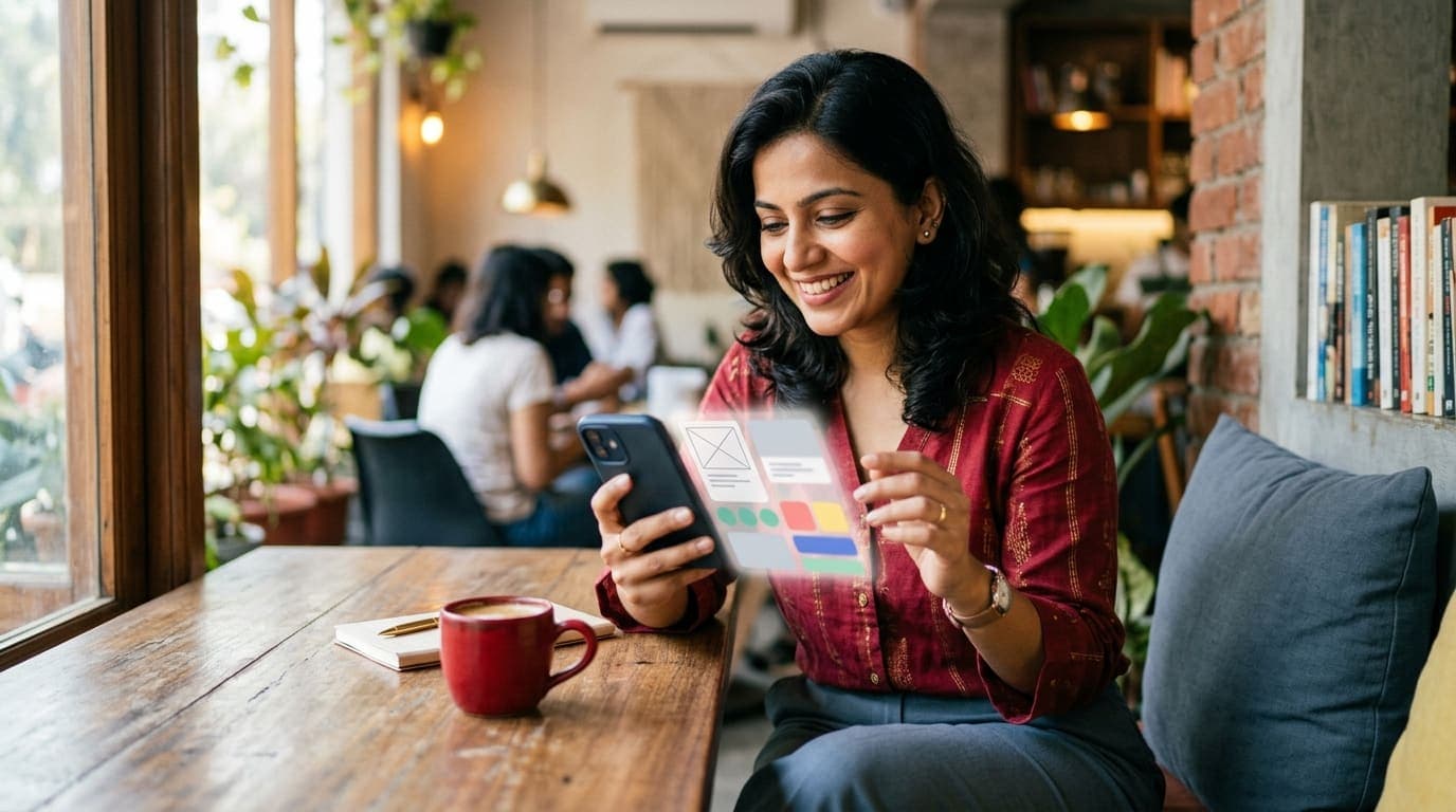 A business owner approving content on her phone in a café