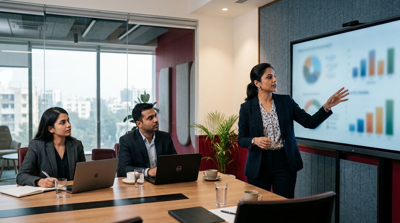 An agency lead presenting monthly results to clients in a boardroom