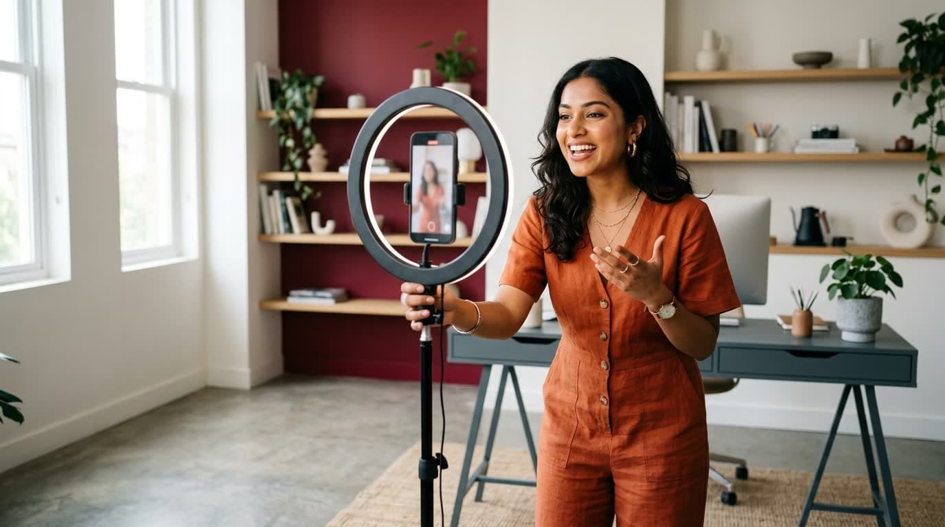 A creator filming herself on a phone tripod with a ring light