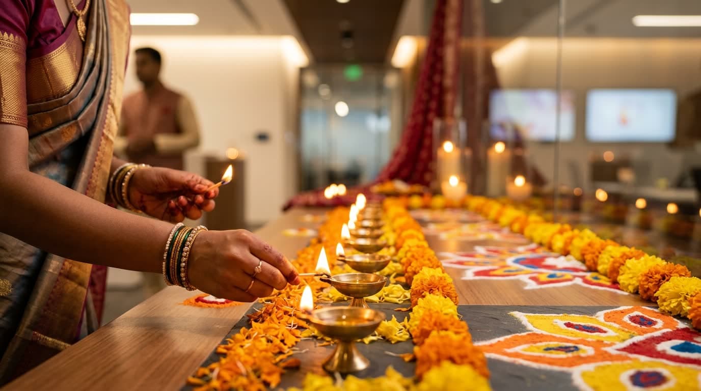 Hands lighting rows of brass diyas among marigolds and rangoli