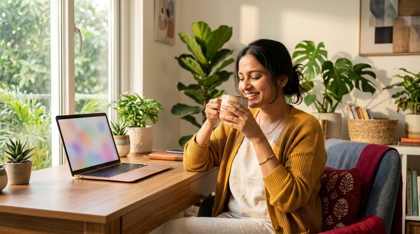 A freelancer relaxing with coffee in a sunny home office
