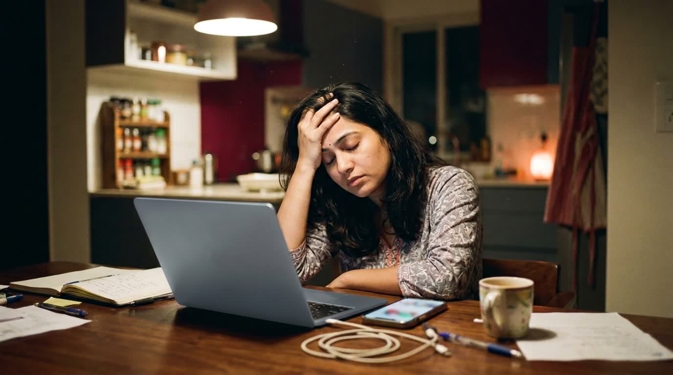 A freelancer stressed at a cluttered kitchen table late at night