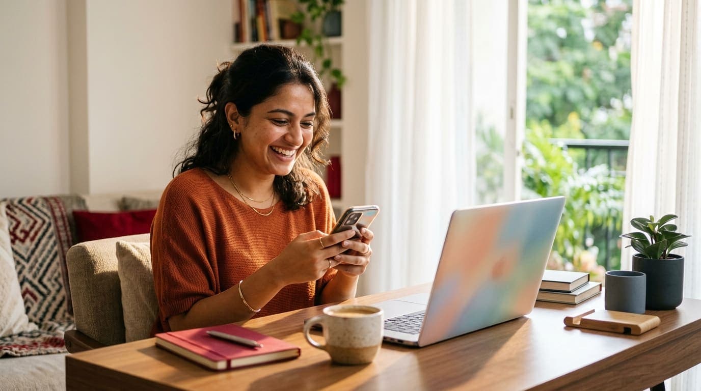 A freelance social media manager smiling at her phone at a home desk