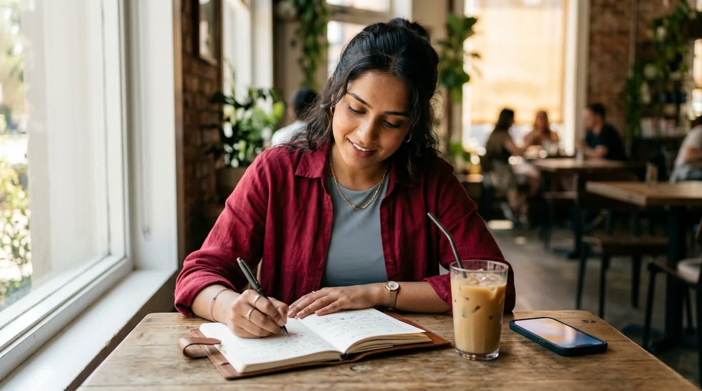A creator writing a video script in a notebook at a café table