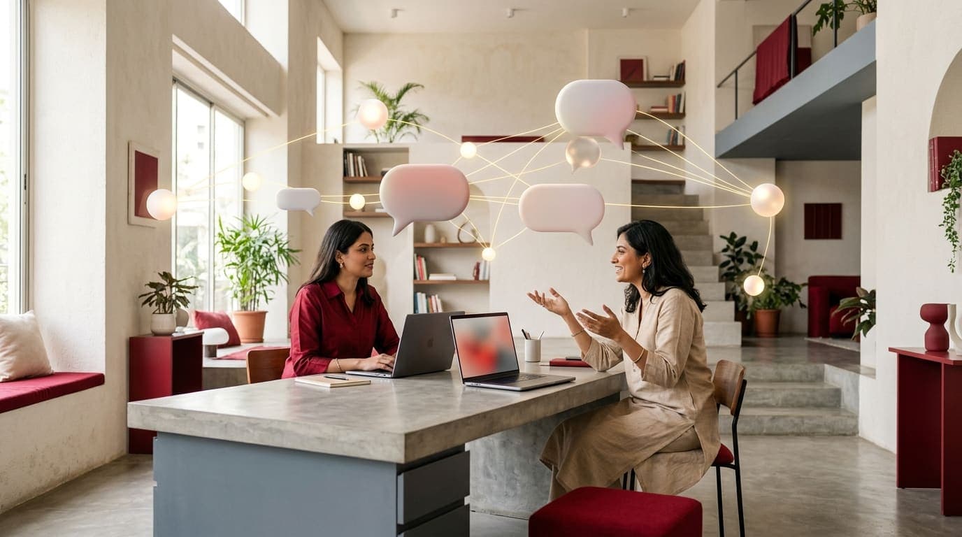 Two colleagues discussing conversations about their brand