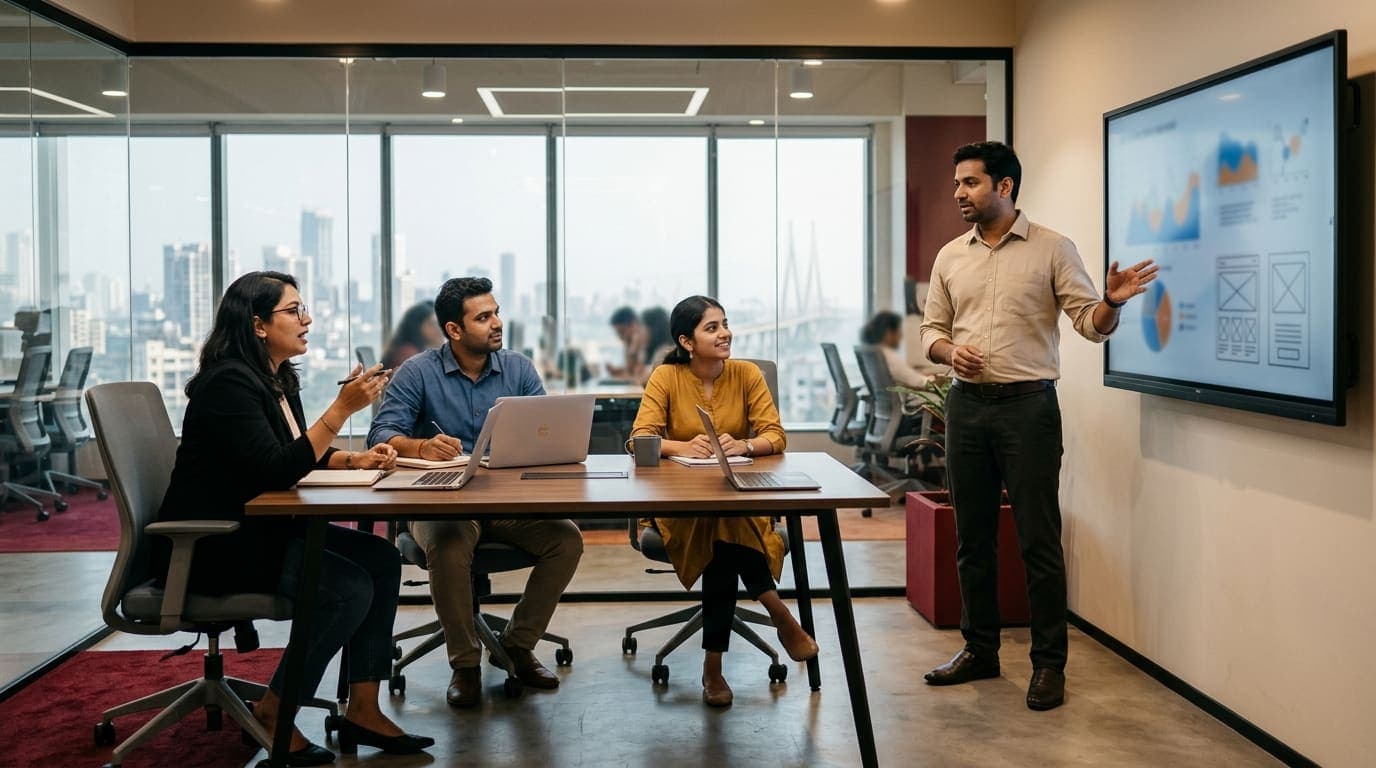 An in-house marketing team reviewing a content plan in a meeting room