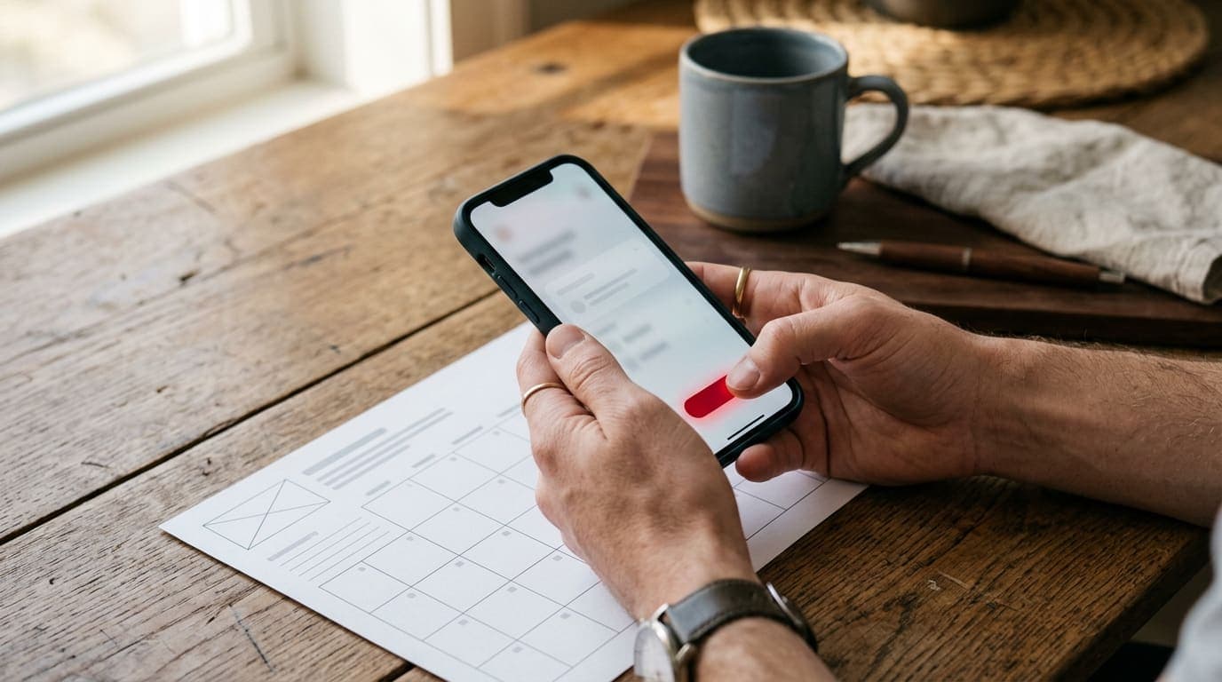 Hands approving a post on a phone over a printed content calendar