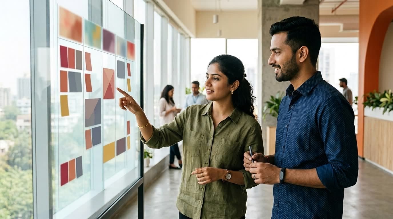 Two marketers arranging a week of content on a large touchscreen wall
