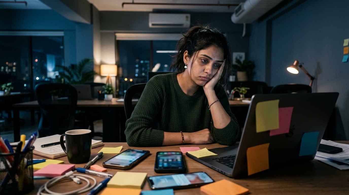 A social media manager late at night, three phones lighting up with client messages