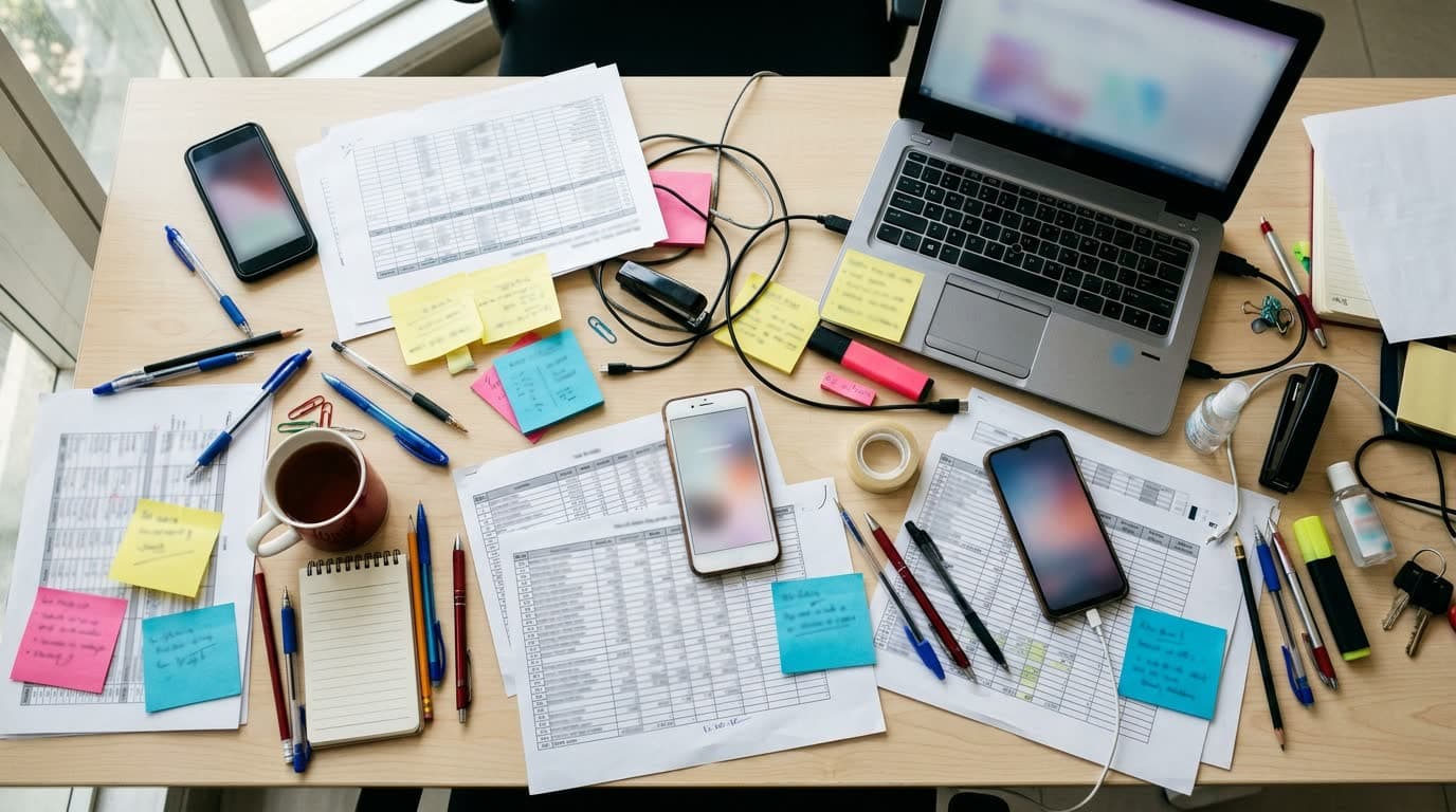 A cluttered desk of printed spreadsheets, phones and sticky notes