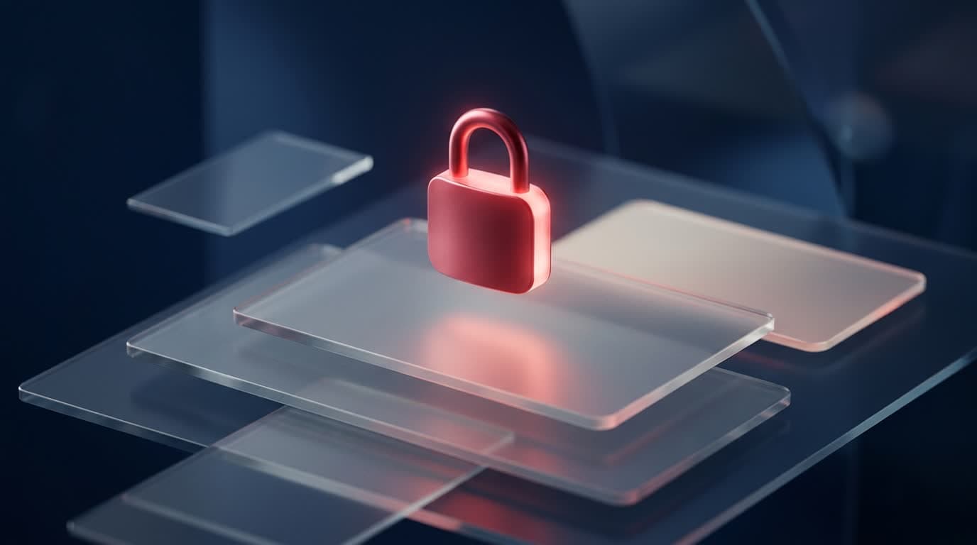 A crimson padlock resting on layered glass panels, a concept of protected data
