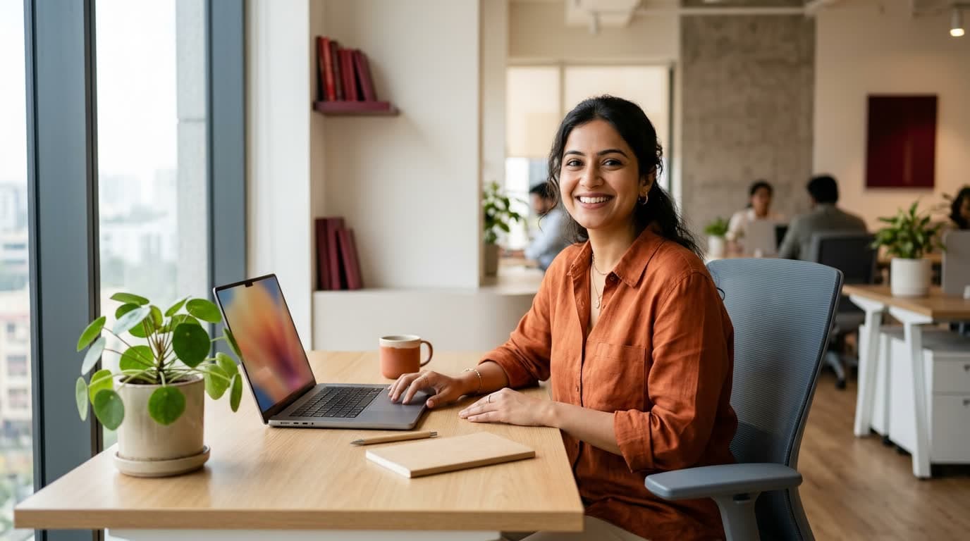 A social media manager smiling at a clean, calm desk in daylight