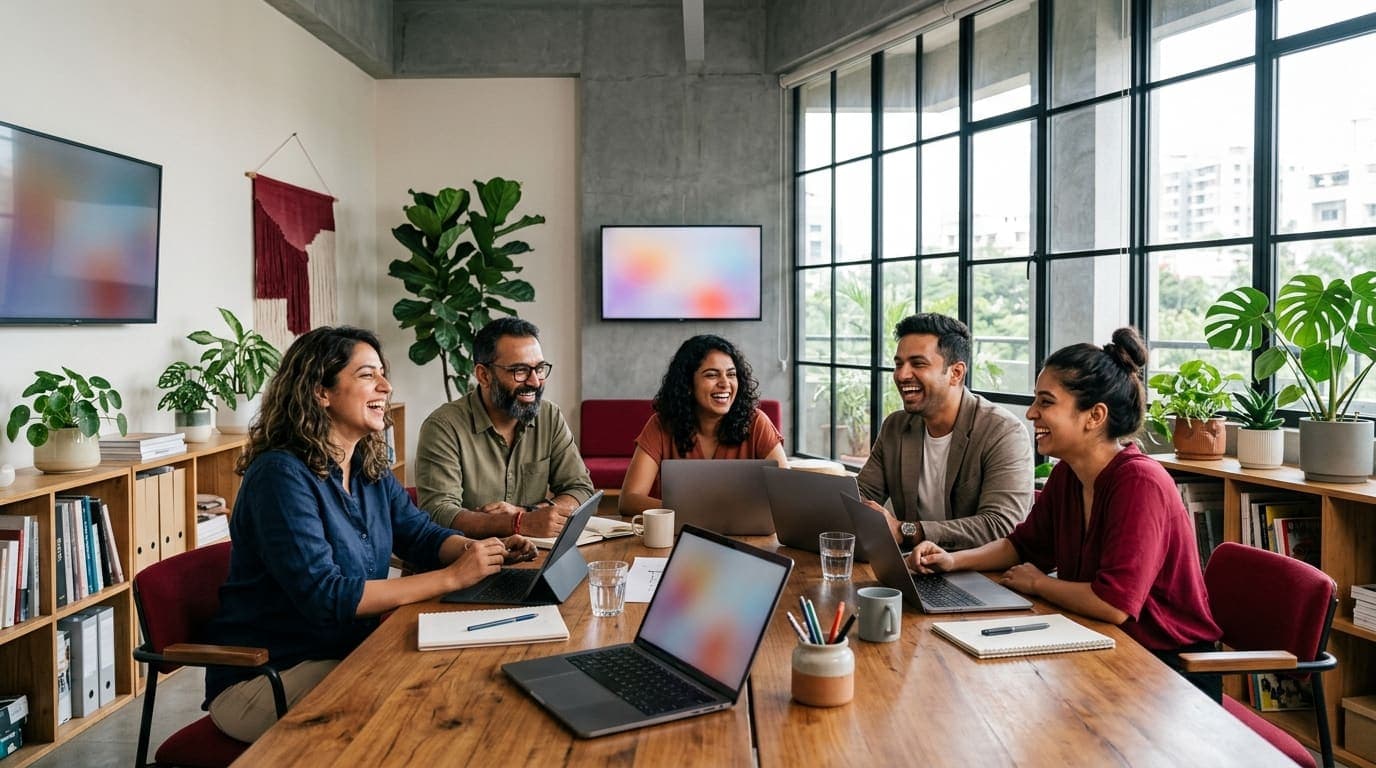A small creative agency team laughing together in their studio
