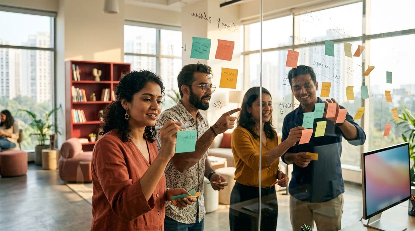 A content team planning work with sticky notes on a glass wall