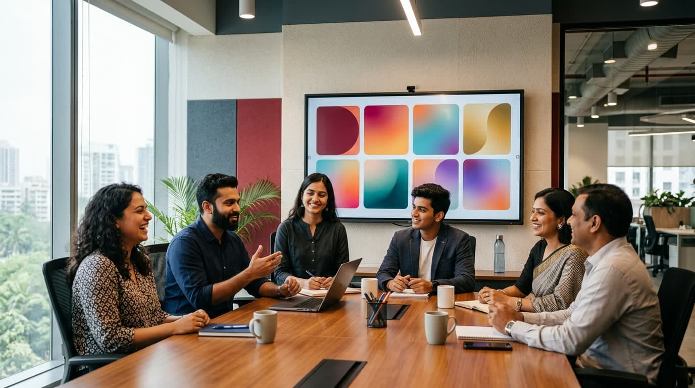A marketing team aligned and smiling around one shared plan on a screen