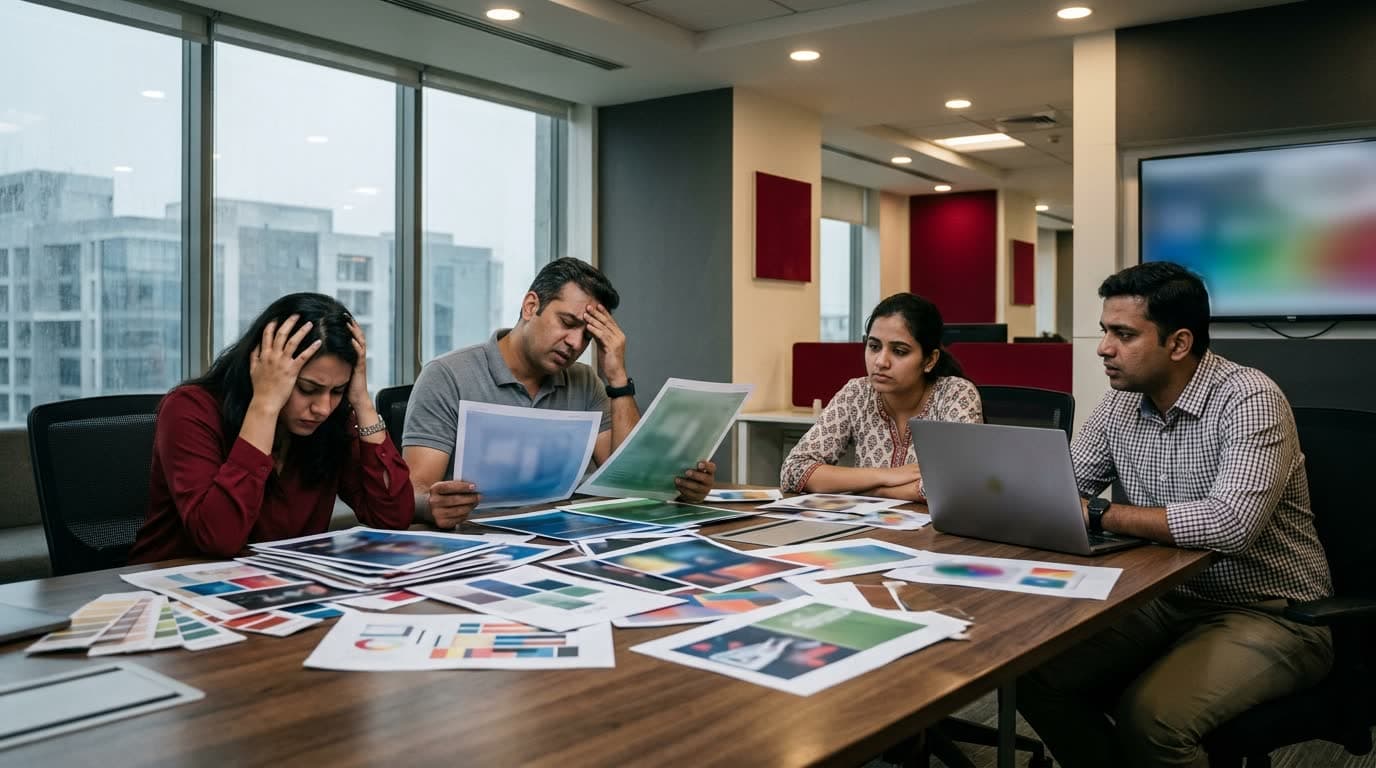 A marketing team frustrated over printed versions of the same poster