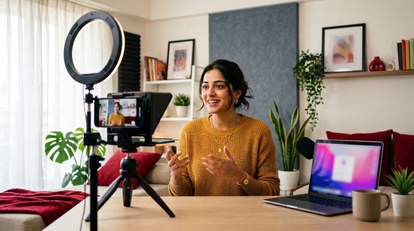 A creator filming to camera with a phone teleprompter on a tripod