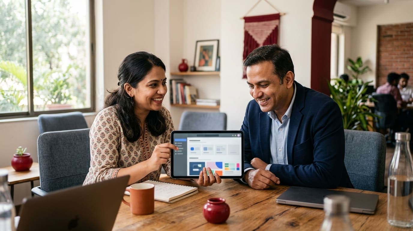 An account manager showing a client a branded review page on a tablet
